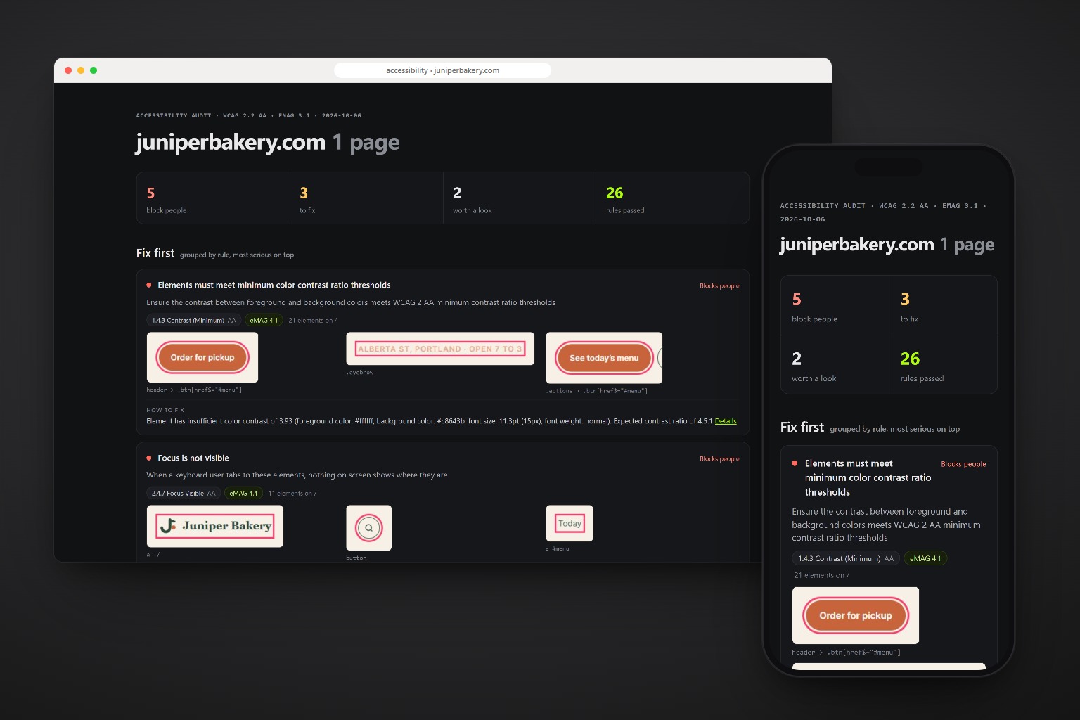 The accessibility report of a bakery site, in a browser and on a phone