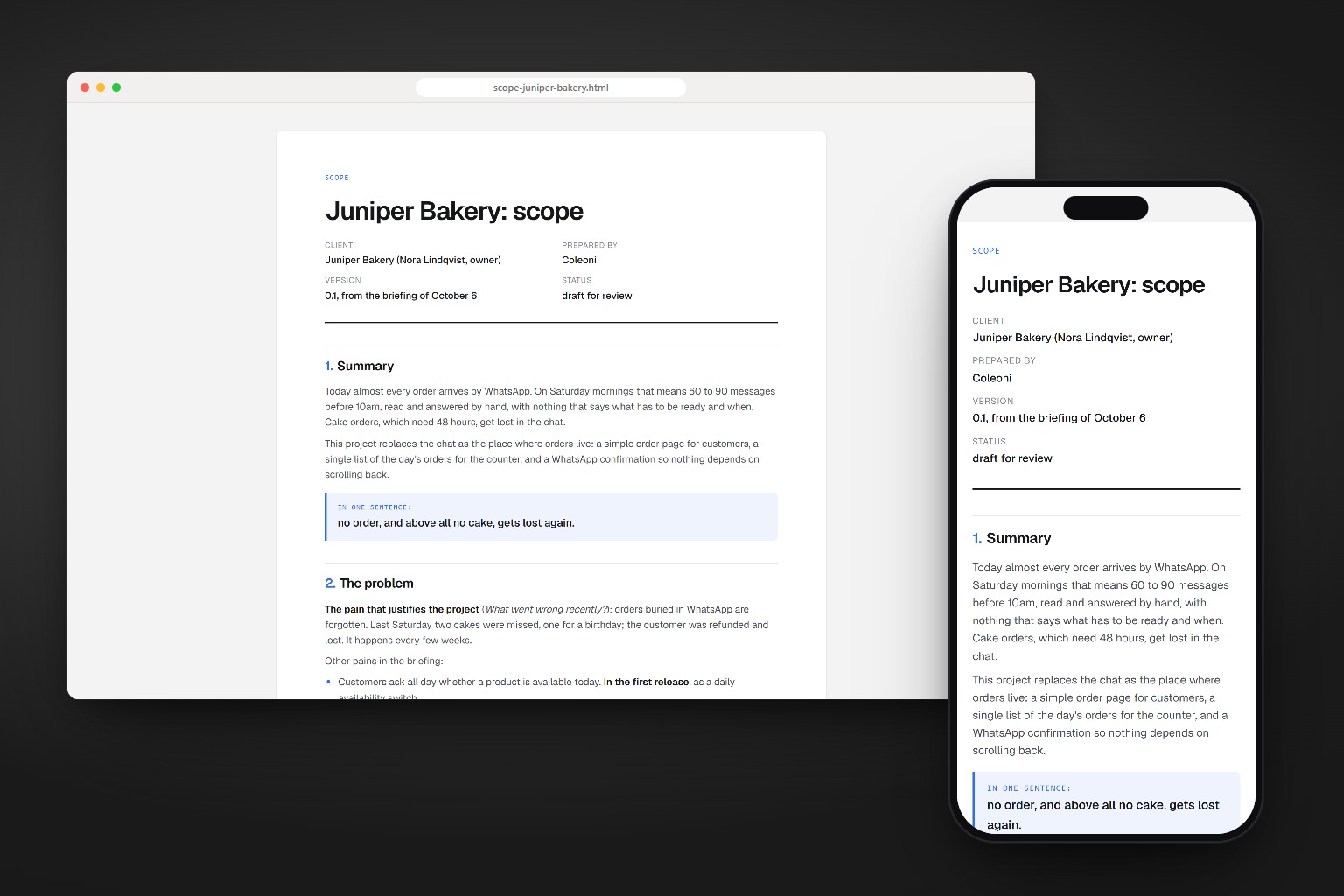 The scope document in a browser and on a phone