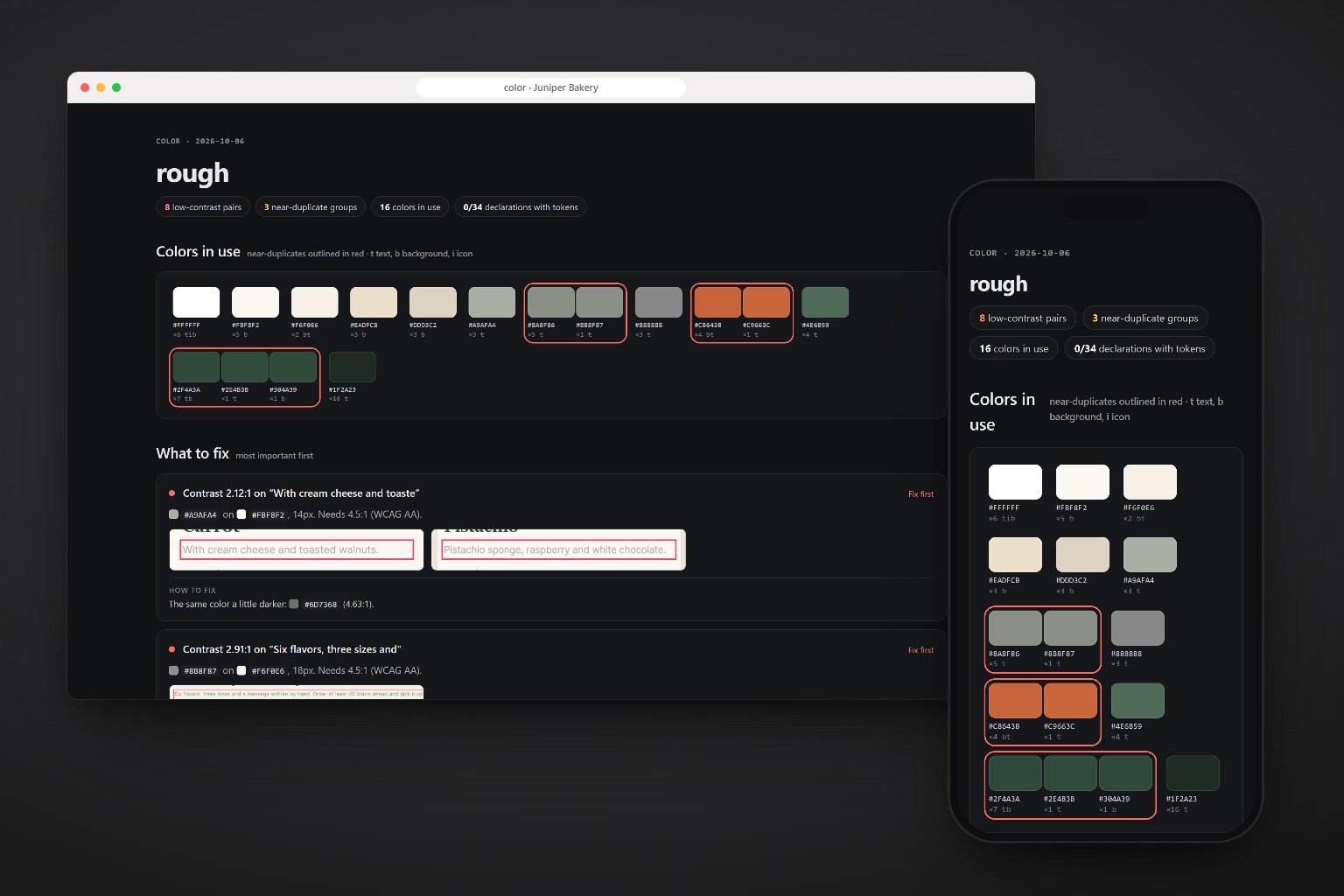 The color report of a cake order page