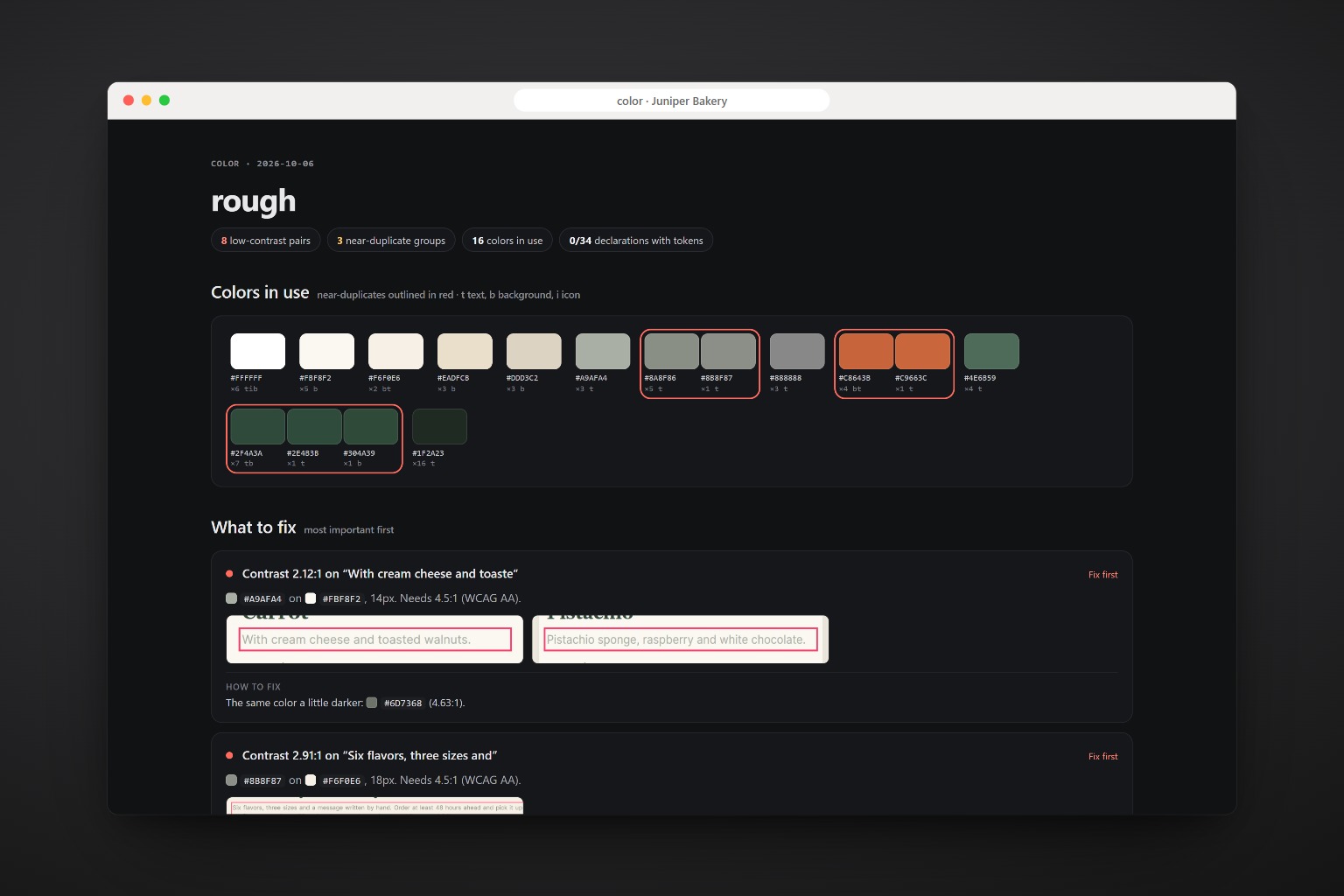 Colors in use, near-duplicates and the contrast of every text