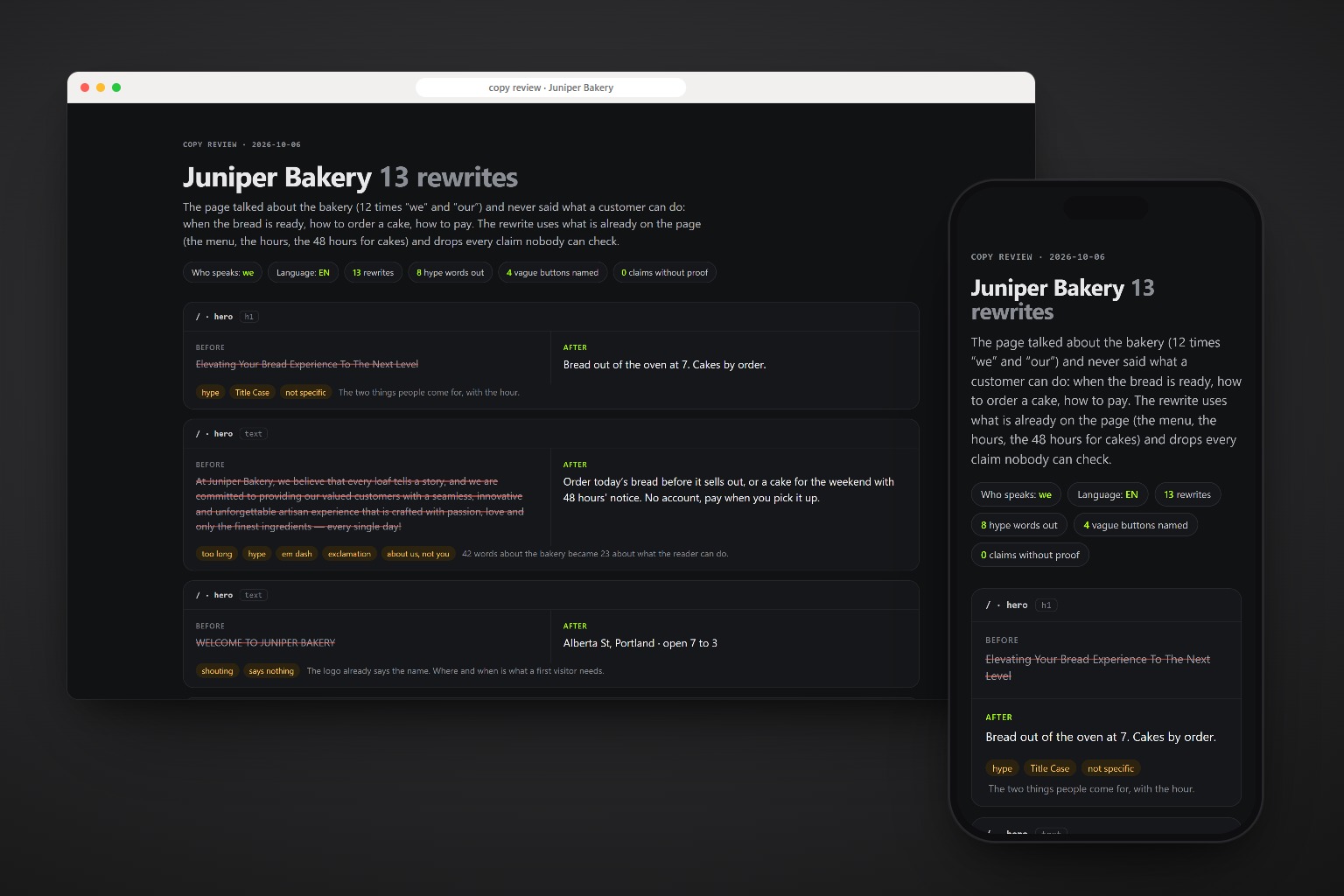 The copy review of a bakery site, in a browser and on a phone