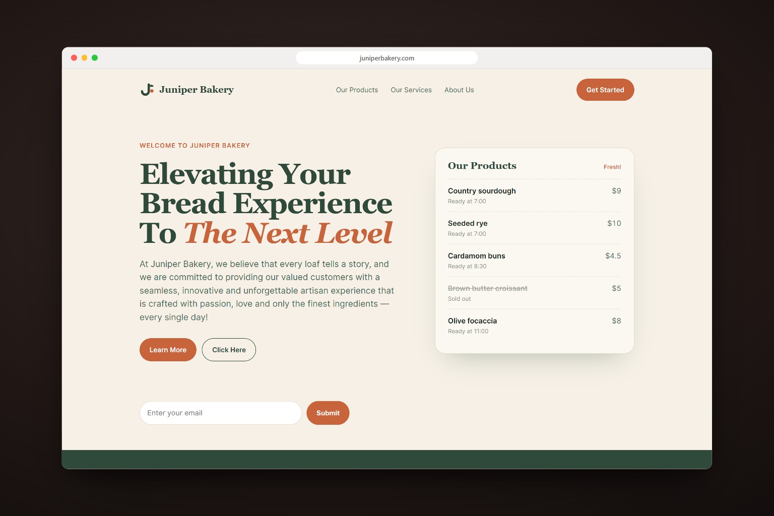 The bakery home page written in marketing language