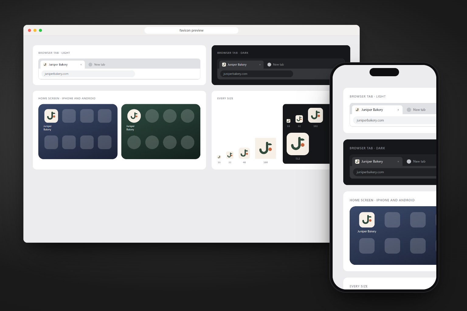 The favicon preview sheet in a browser and on a phone