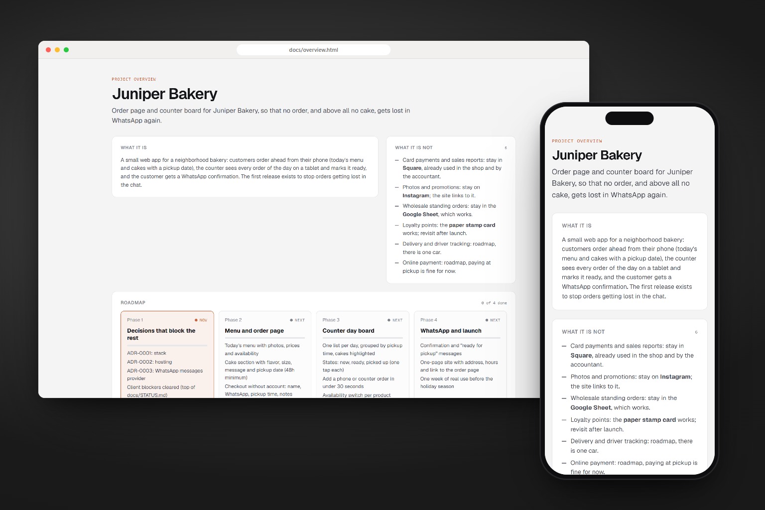 The project overview in a browser and on a phone