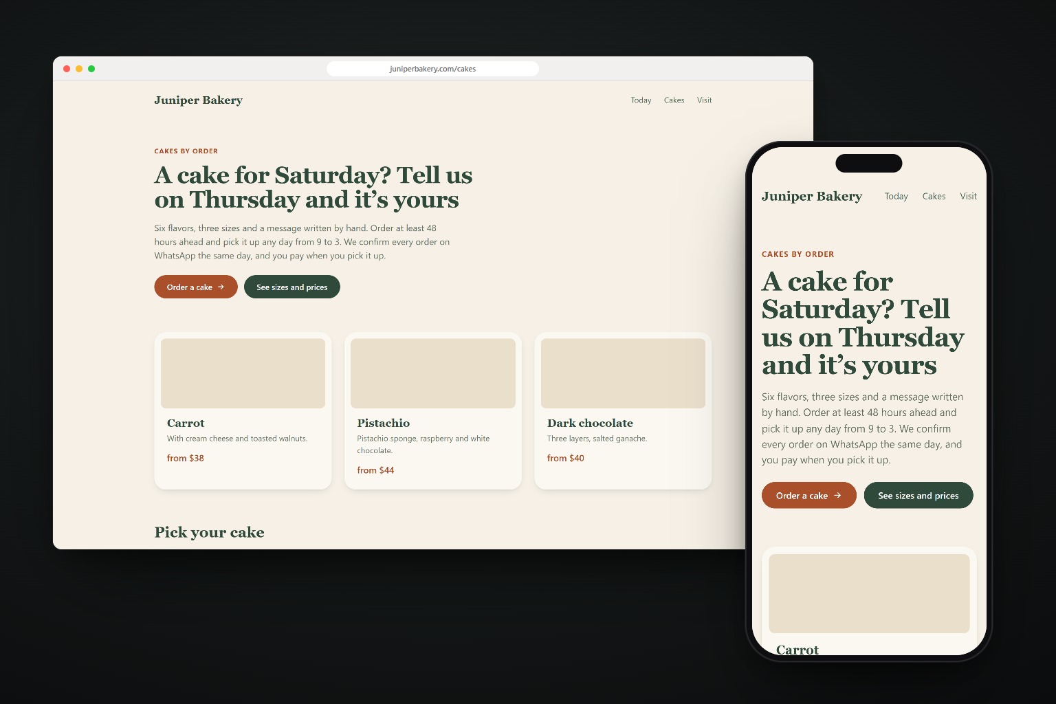 The cake order page after the review, on a laptop and a phone