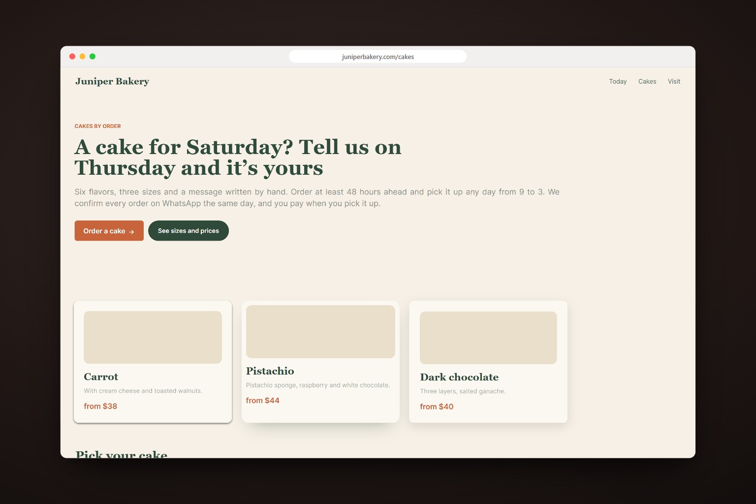 The cake order page before the review