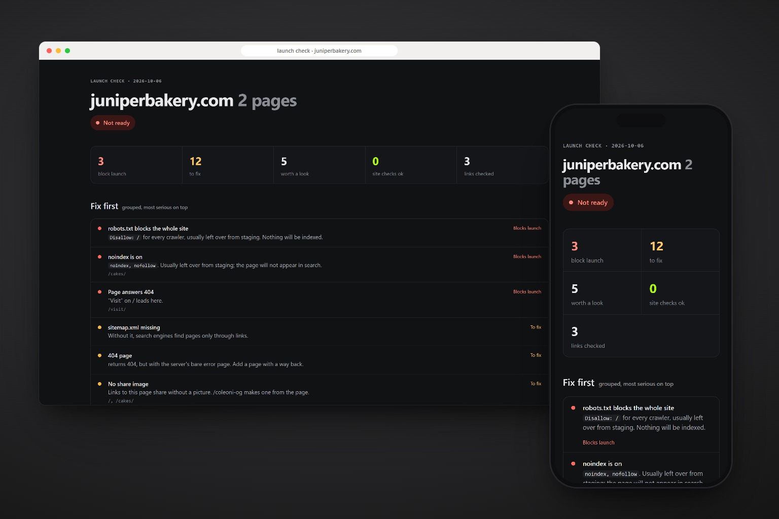The launch report of a bakery site, in a browser and on a phone