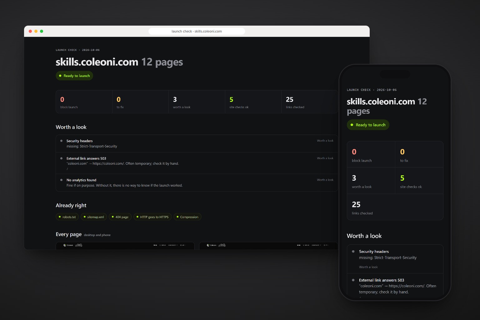 This site’s launch report in a browser and on a phone