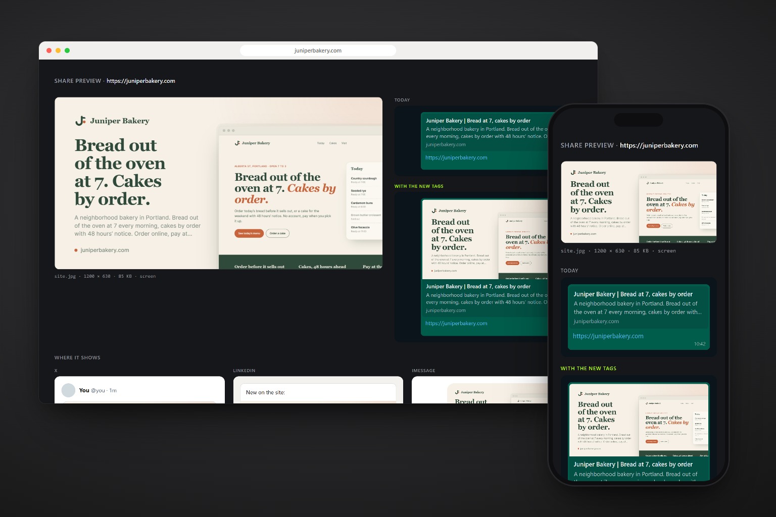 The share preview sheet of a bakery site, in a browser and on a phone