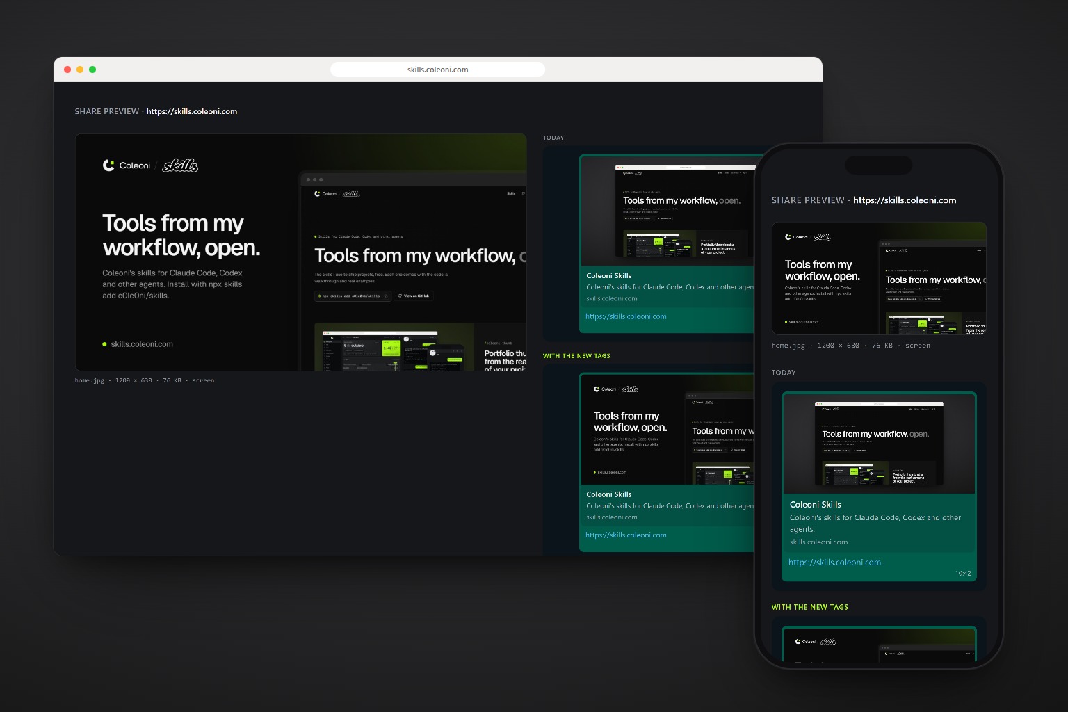 The preview sheet of this site, in a browser and on a phone