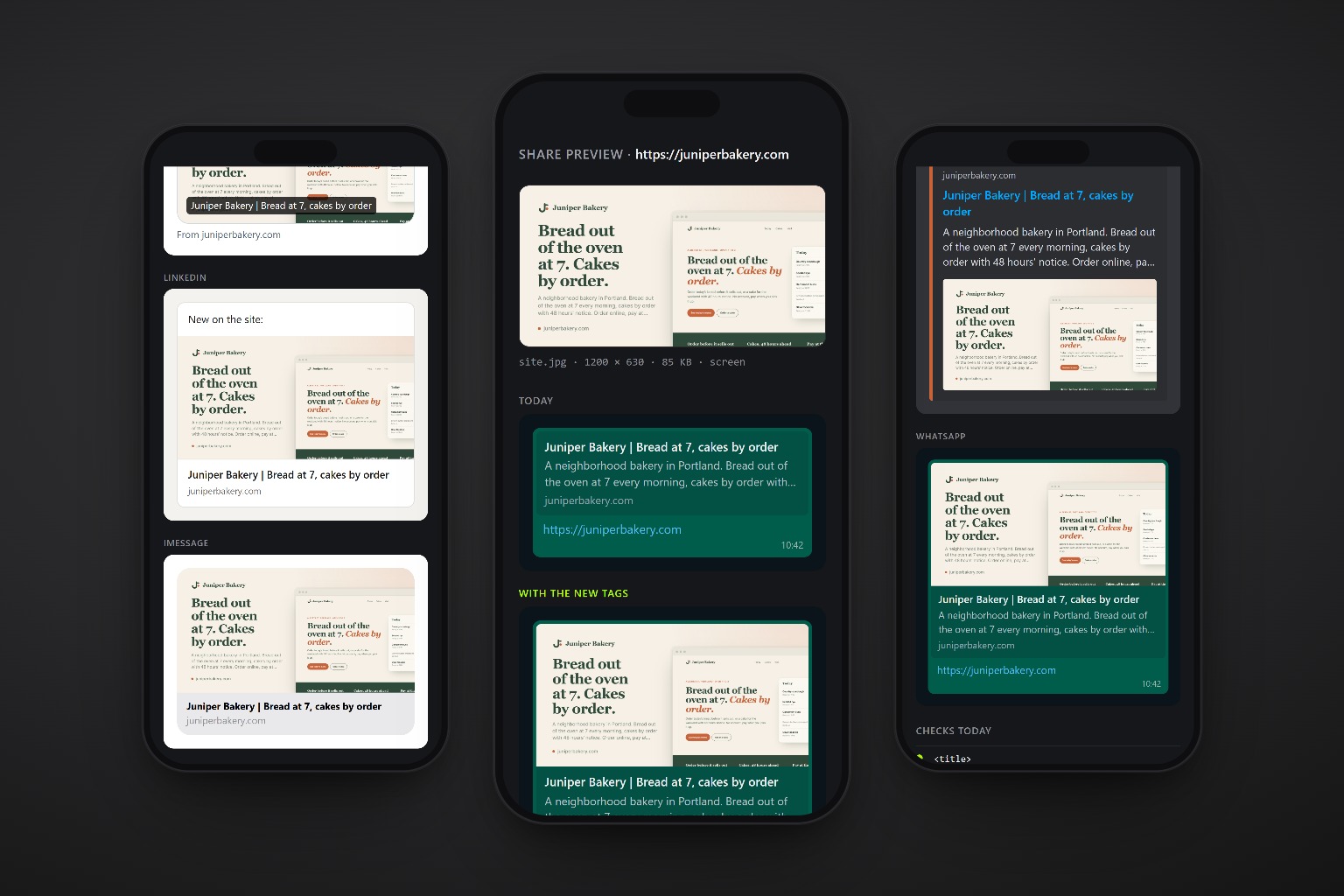 The preview sheet on three phones: X, LinkedIn, iMessage, Discord and WhatsApp