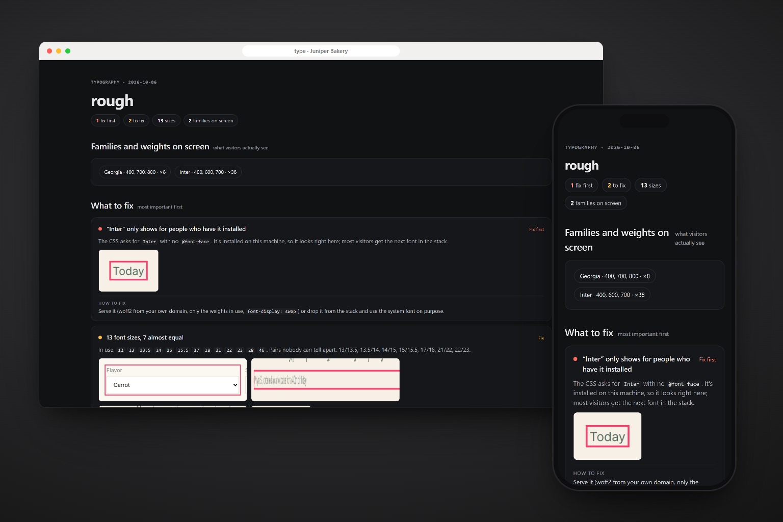 The typography report of a cake order page