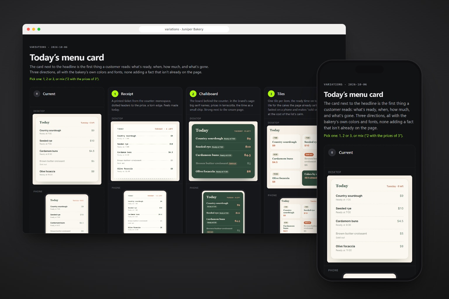 Three variations of a menu card next to the current one