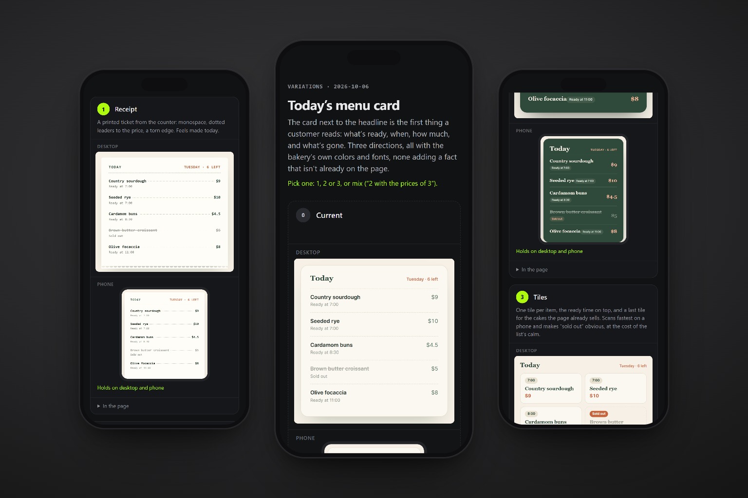 The variations board on three phones